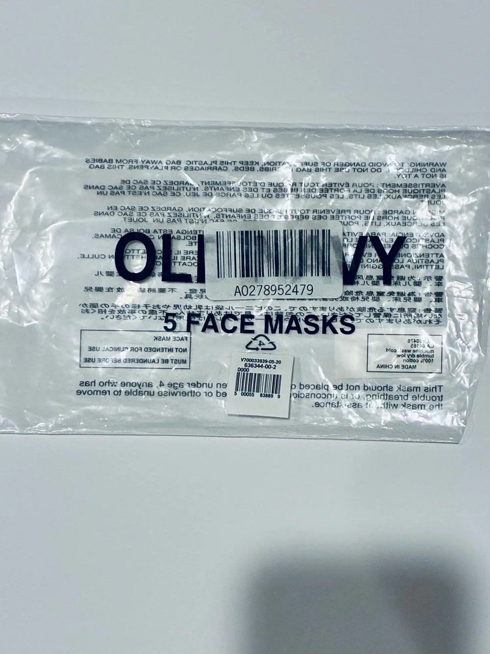 NWT Face Masks, Non-medical, Old Navy, Package of 5 Prints